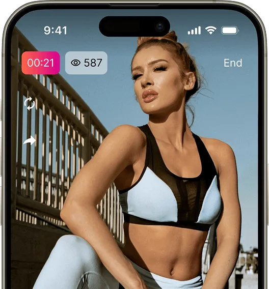A woman in athleticwear strikes a fitness pose on a smartphone screen, with a timer and viewer count displayed.
